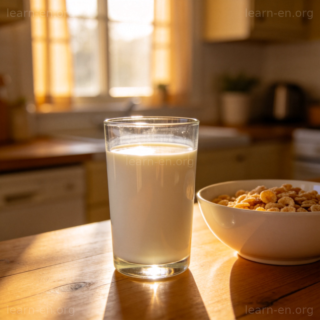 Glass of white milk on table next to cereal bowl