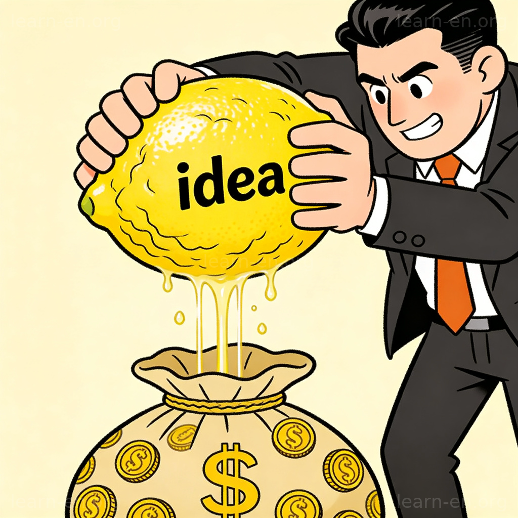 Businessman squeezing lemon labeled idea into money bag
