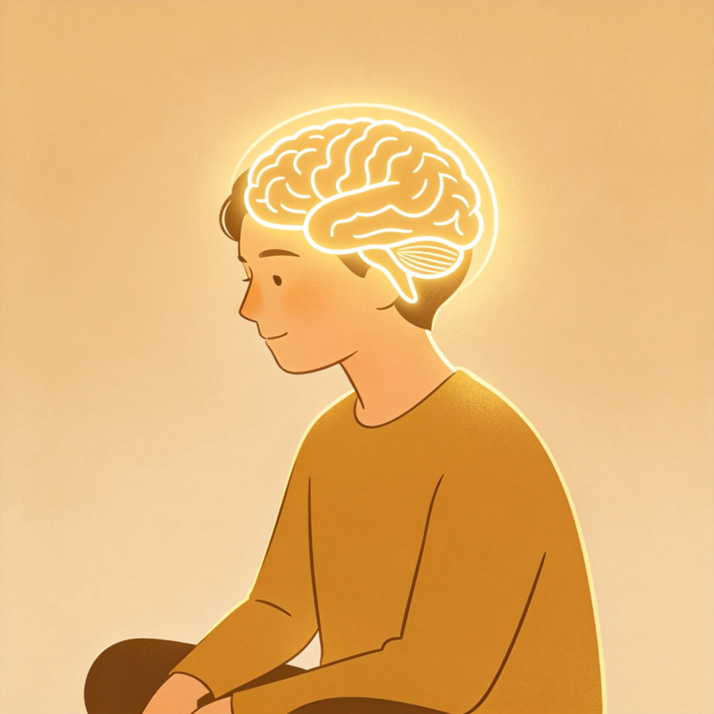 A thoughtful person with a calm expression, sitting quietly. A soft, glowing outline of a brain or lightbulb is superimposed over their head, symbolizing active thought. Simple, warm background. No text.