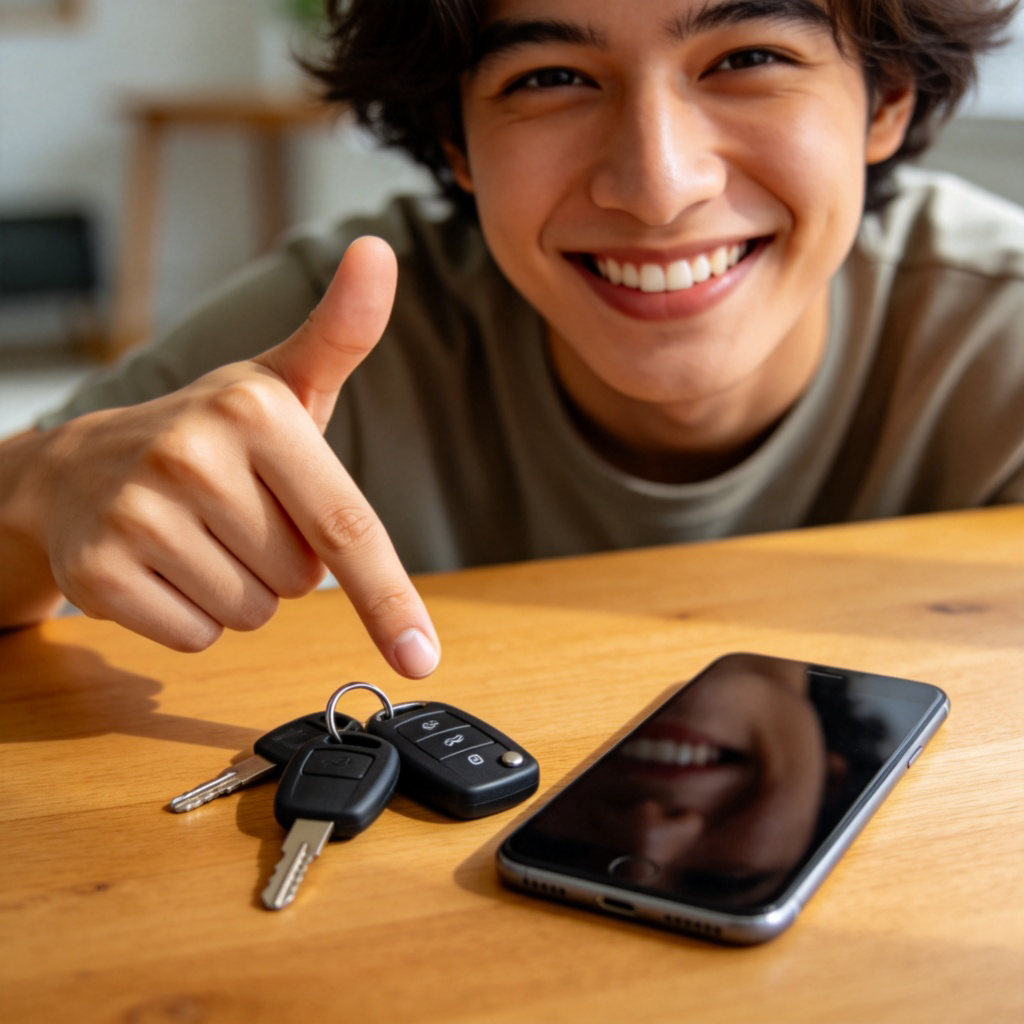 A person smiling and pointing proudly at a set of car keys and a smartphone on a wooden table. The person's hand is in the frame, gesturing towards the objects. Simple, clean background with soft natural light. No text or logos are visible.