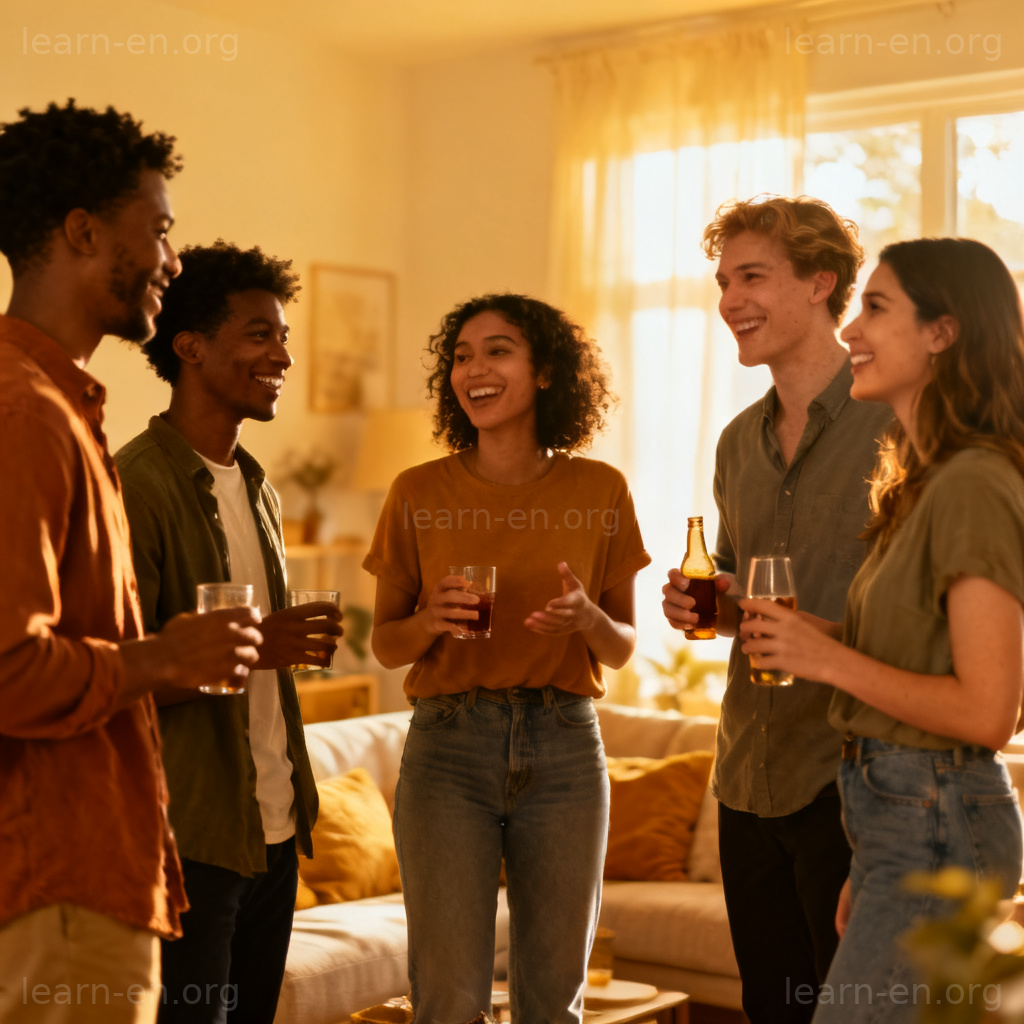 People mingle and socialize at a casual party gathering scene.