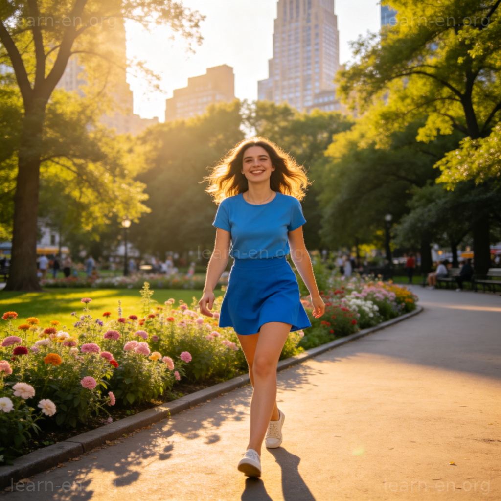 Mini Skirt 迷你裙图解：夏日公园中女性穿着蓝色短裙的场景