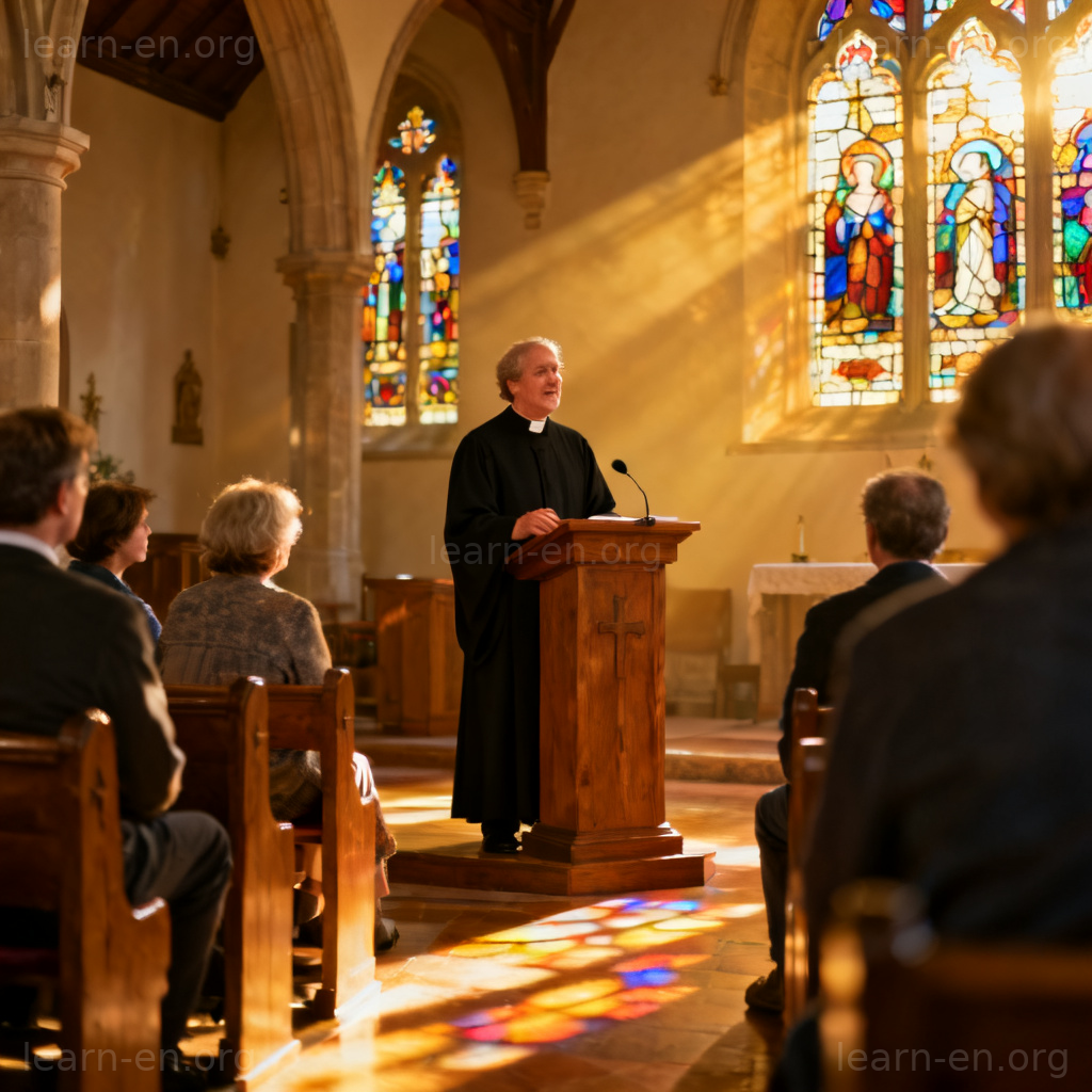 Religious minister speaking from a pulpit to a congregation in a peaceful church.