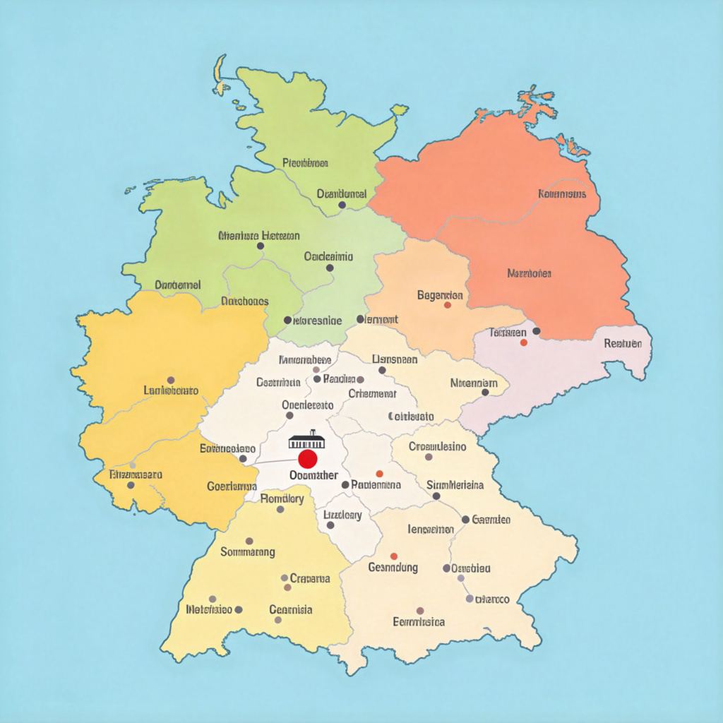 A colorful map of a country with many cities marked. One small, remote town is highlighted with a tiny red circle. The rest of the map is simple and uncluttered. Flat, clear illustration style, emphasizing the small size of the highlighted town compared to larger cities. No text.