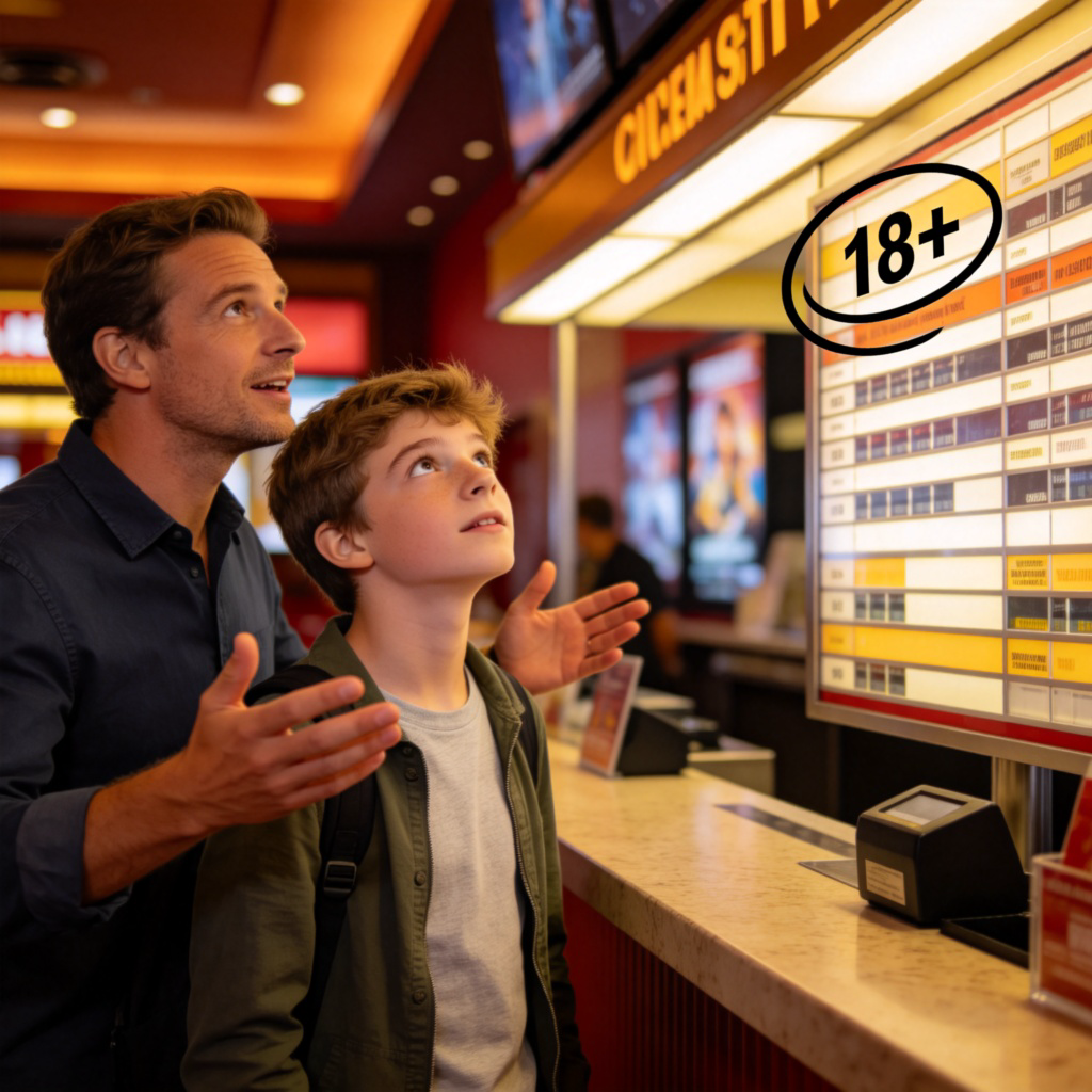 A bright, modern movie theater ticket counter. A young teenager stands next to an adult, looking up at the movie ratings board. The '18+' rating is clearly visible and circled. The teenager appears curious, the adult is explaining. Warm, friendly lighting, realistic photo style. No text on screen.