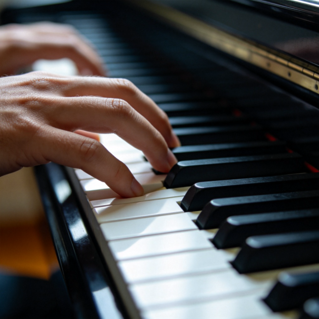 Close-up of a person's hands playing a black and white piano keyboard. The focus is on the left hand pressing down several keys to form a minor chord. The lighting is soft and moody, creating a thoughtful atmosphere. No sheet music or text visible.