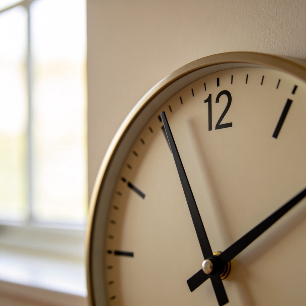 A close-up of an analog clock face, with the minute hand pointing clearly at a number, such as the 12 or the 3. The second and hour hands are also visible but less prominent. The background is a plain, light-colored wall. Natural daylight from a window falls on the clock. No text or digital displays.
