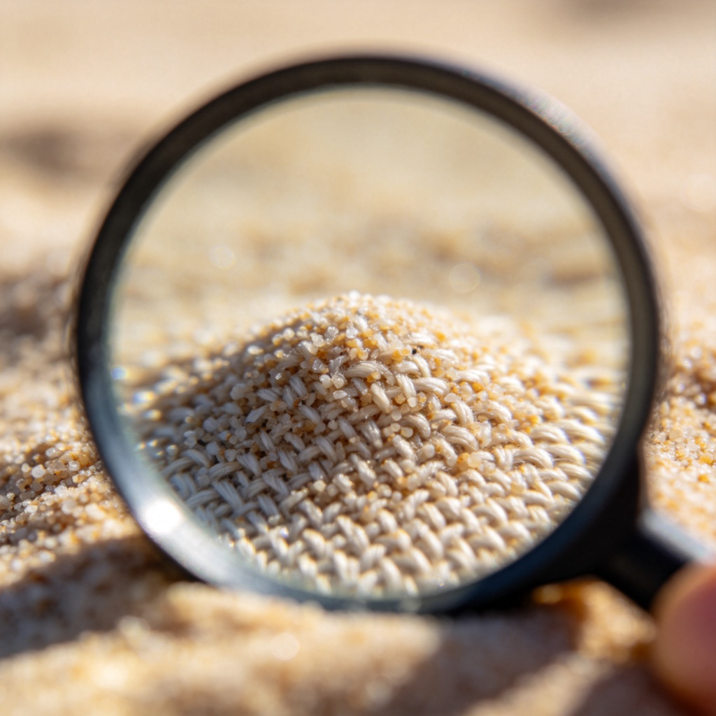An extreme close-up view through a magnifying glass, revealing the tiny, intricate texture of a grain of sand or a piece of fabric. The surrounding area is blurred, focusing all attention on the minute details. Bright, clear lighting. No text.