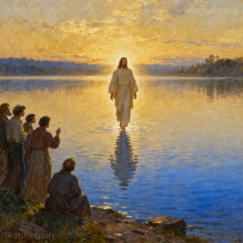 Miracle scene: Divine figure walking on water in classical painting style.