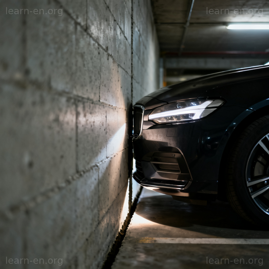 Misjudge definition example: car narrowly avoiding a wall after a parking miscalculation.