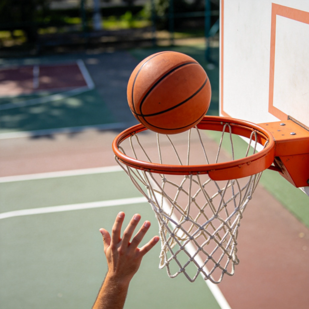 A person's hand, in motion, throwing a basketball towards a hoop. The ball is clearly not going through the net and is positioned just above or beside the rim, in mid-air. Focus on the trajectory of the ball missing the basket. Outdoor court, daylight. No text or people in focus.