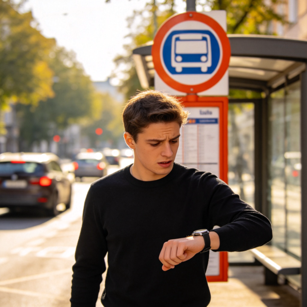 A person standing on a street, looking confused and checking their watch, having just walked past a clearly visible bus stop sign. The bus stop sign is prominent in the background. Street scene, daylight. The focus is on the person's reaction and the missed sign. No text.