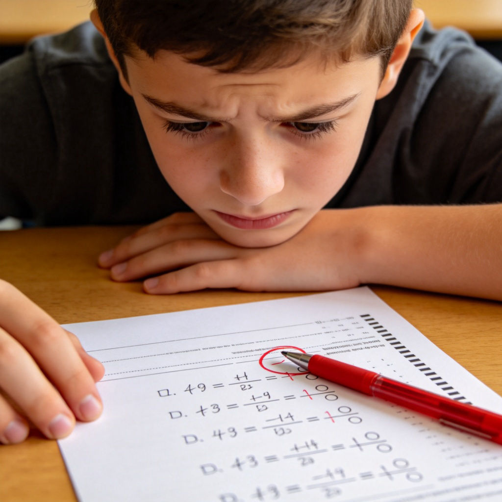 A student sitting at a desk, looking down at a test paper where a red pen has circled a wrong answer in a math problem. The student's expression shows disappointment or realization. Clear, natural lighting on the paper and hands. No text.