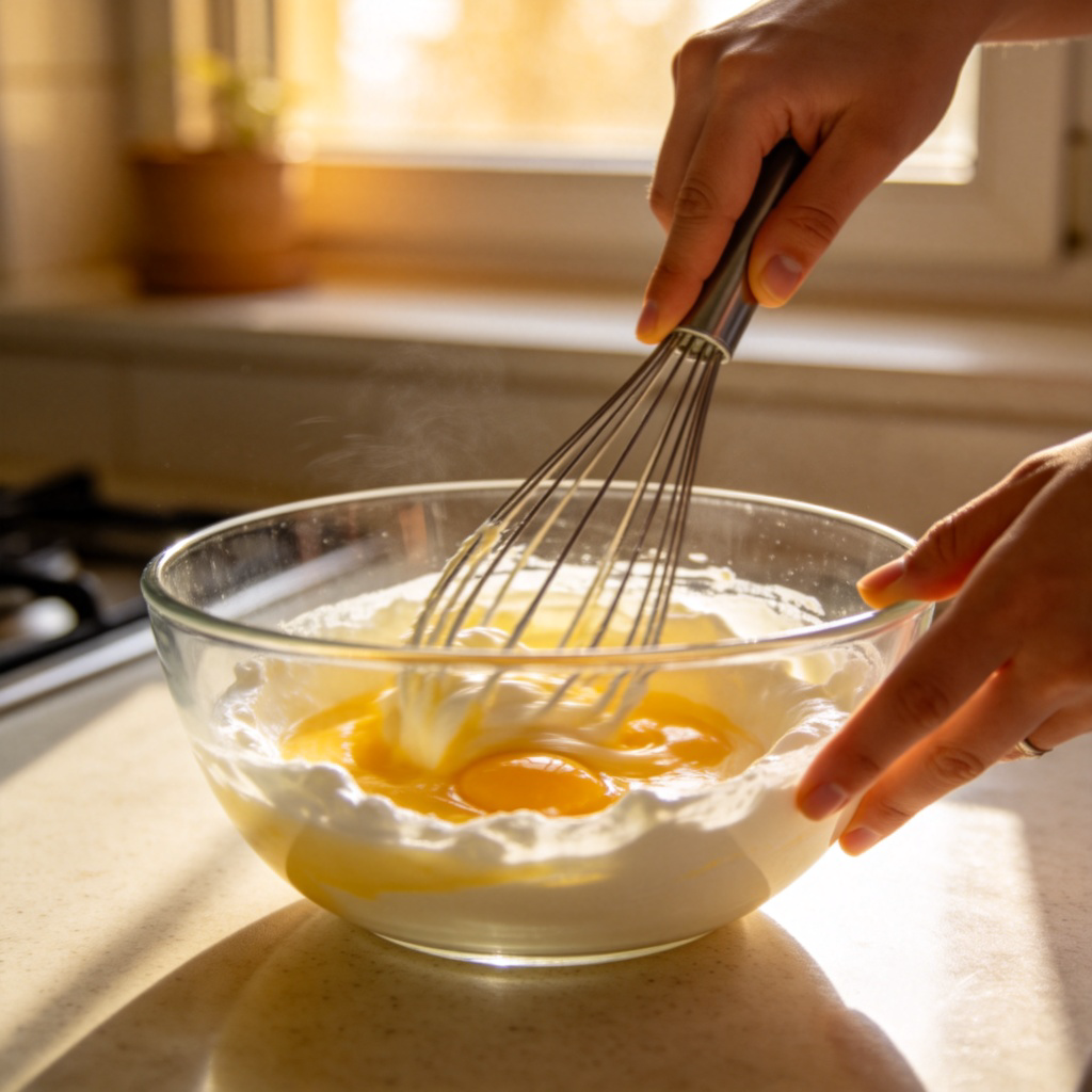 A person's hands using a whisk to vigorously mix yellow egg yolks and white cream in a clear glass bowl on a kitchen counter. The mixture is turning pale yellow. Natural daylight from a window. No text or logos.
