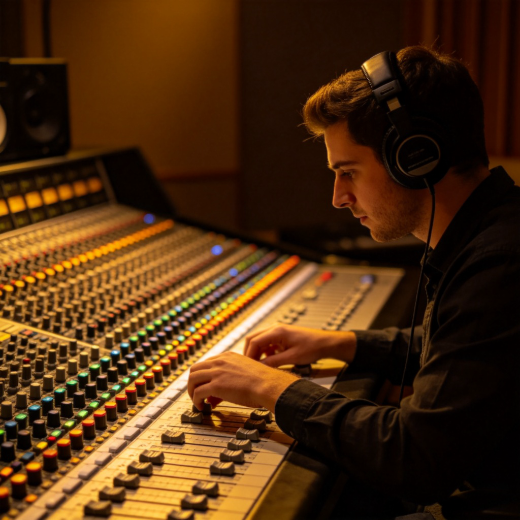 A music producer wearing headphones, sitting in front of a large sound mixing console with many sliders and colorful buttons in a professional studio. Focus on their hands adjusting the controls. Dim, focused studio lighting. No text.