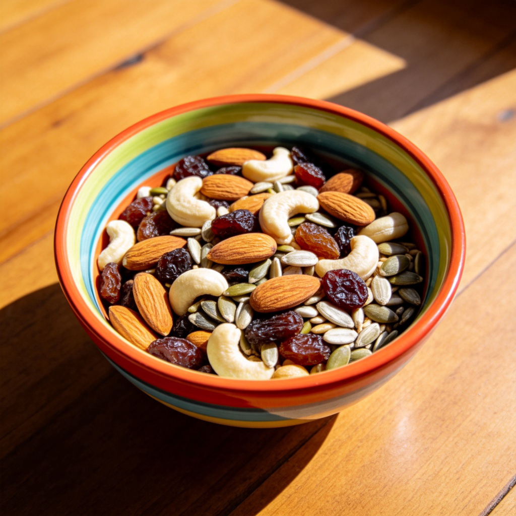 A close-up, top-down view of a colorful bowl of trail mix on a wooden table. The mix clearly contains various ingredients like almonds, cashews, raisins, and sunflower seeds. Bright, natural lighting. No text.
