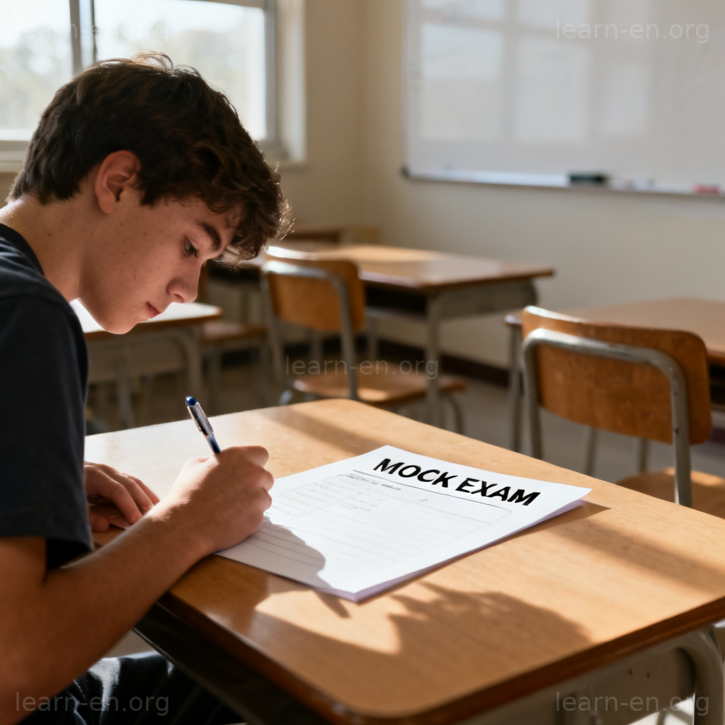 Mock meaning practice test: student concentrating on a written mock exam paper.