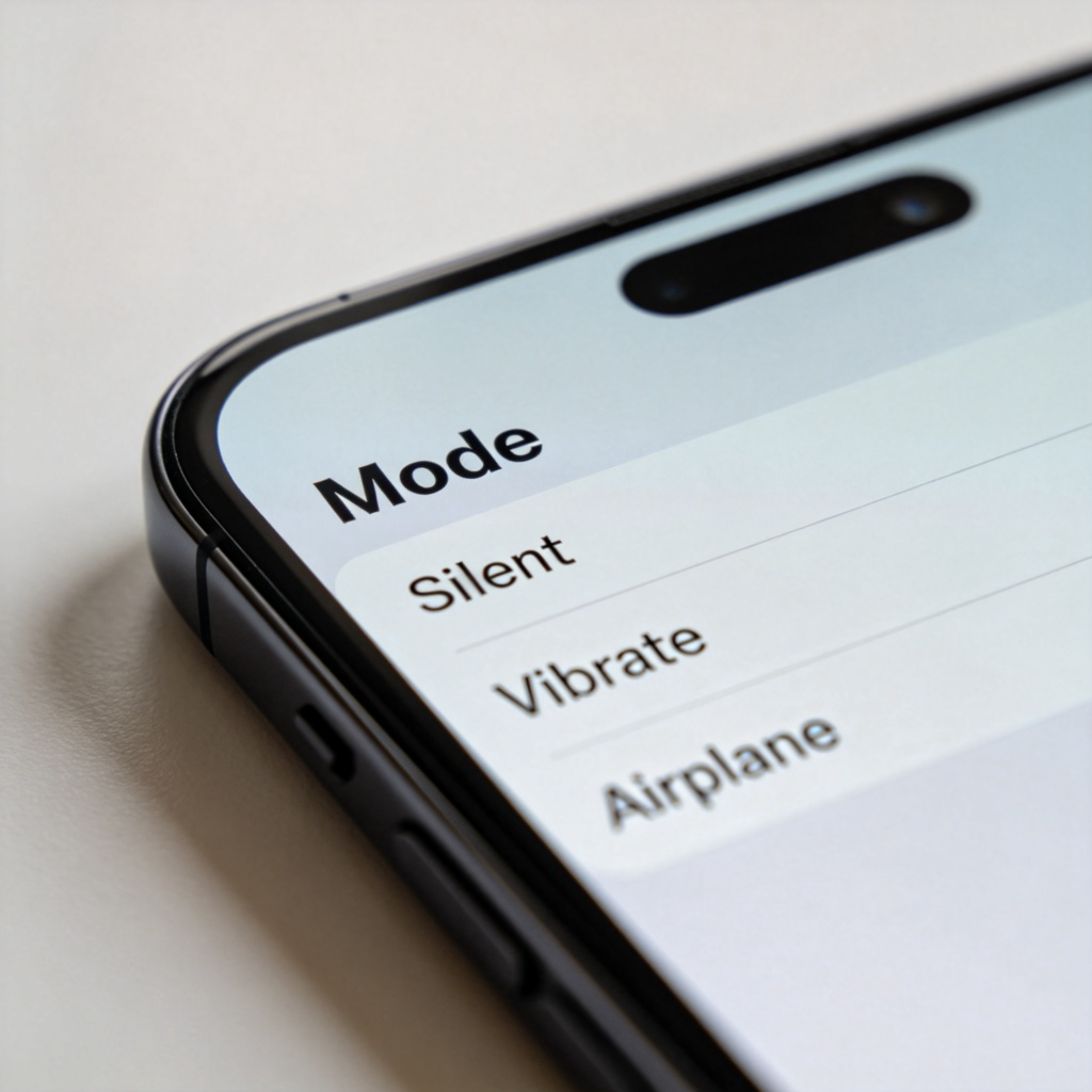 A close-up of a smartphone screen, showing a clear settings menu with the word 'Mode' highlighted. Below it are options like 'Silent', 'Vibrate', 'Airplane'. The background is a soft, neutral color, focus is sharp on the screen and text. No faces or other distractions.