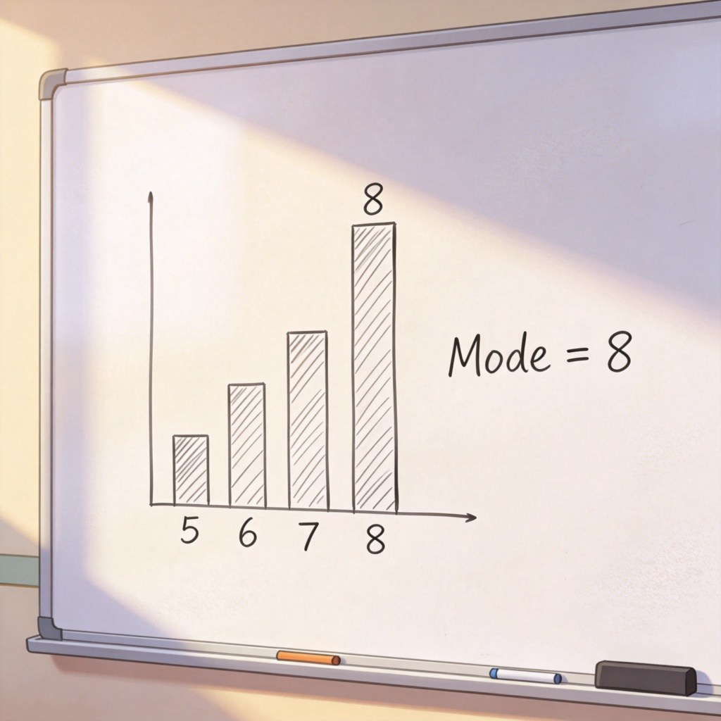 A simple bar chart on a whiteboard. The chart has bars of different heights representing numbers like 5, 6, 7, 8. The bar labeled '8' is clearly the tallest. Next to the chart, handwritten text reads: 'Mode = 8'. Clean, academic setting with natural light.