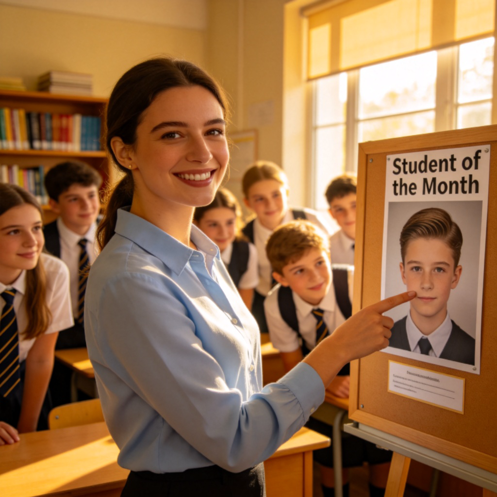 A warm classroom scene. A female teacher is smiling and pointing towards a 'Student of the Month' bulletin board featuring a photo of a diligent-looking student. Other students in the background are looking at the board with admiration. Natural classroom lighting, focus on the teacher and the board. No text on the board except the title.
