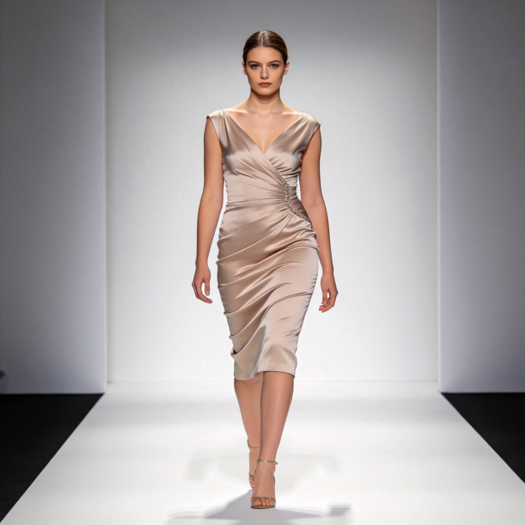 A professional fashion photoshoot in a studio. A confident fashion model is walking down a simple runway or striking a pose against a plain background, wearing an elegant dress. Bright, even studio lighting highlights the clothing and the model's posture. Focus on the model's full figure and expression. No text.