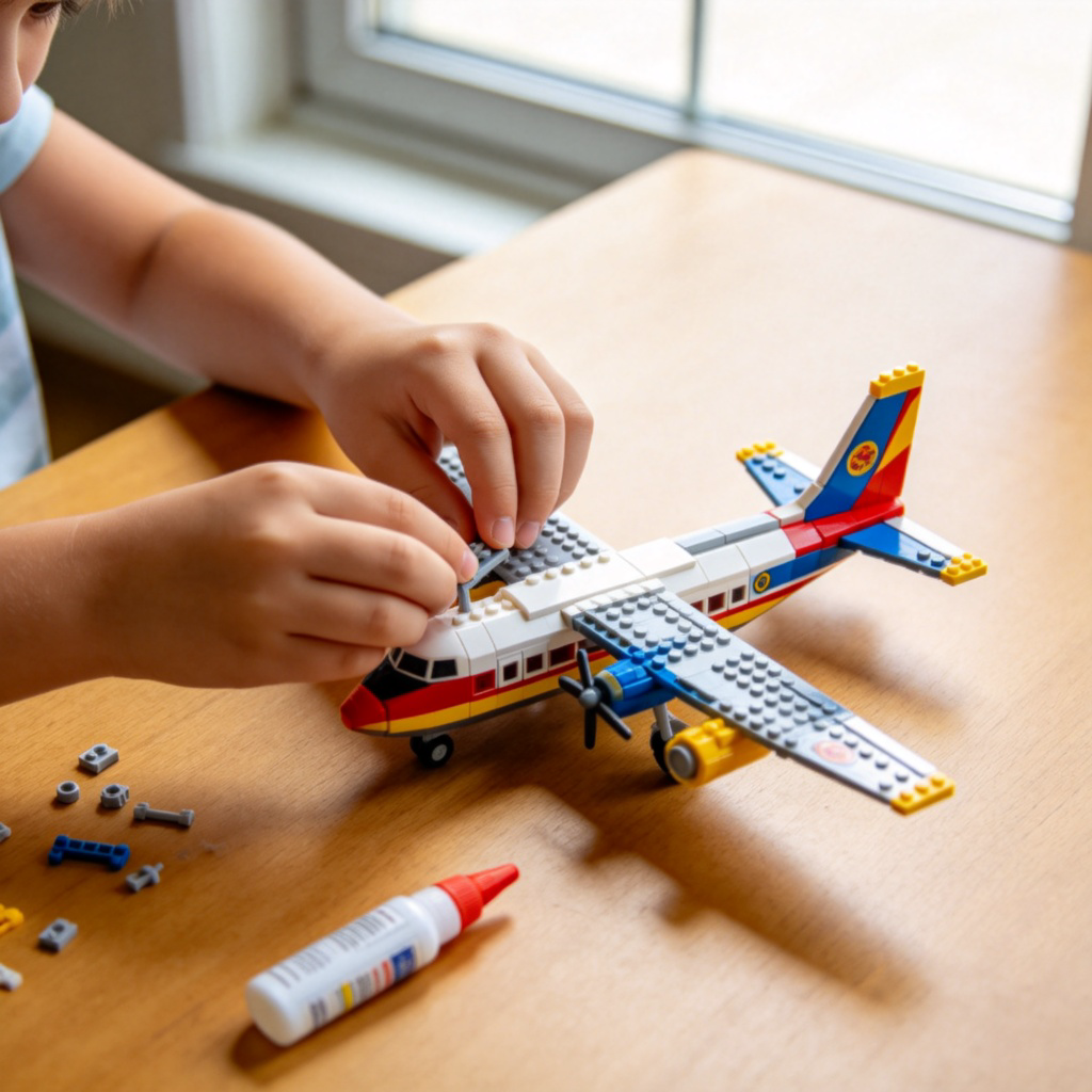 A close-up, top-down view of a child's hands carefully placing the final piece onto a colorful, detailed plastic model airplane kit on a wooden table. The model is nearly complete, with small parts and glue nearby. Daylight from a window, focus on the hands and the model. No text.
