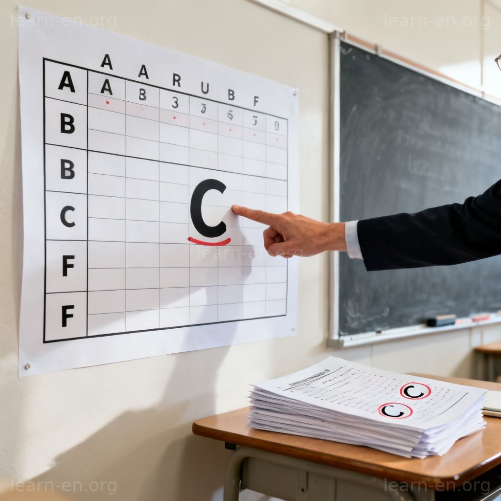 Teacher pointing to C grade on rubric showing average performance