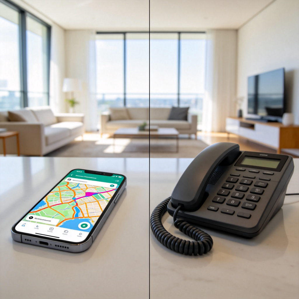 A split-screen image. On the left, a sleek, flat-screen smartphone showing a colorful map app. On the right, a bulky, old-fashioned landline telephone with a curly cord. The background is a clean, modern living room with large windows and minimalist furniture. The lighting is bright and clear, emphasizing the contrast between the two devices.