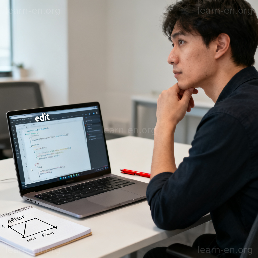 Modification concept illustrated by a person editing code or a document on a laptop, showing a small, thoughtful change.