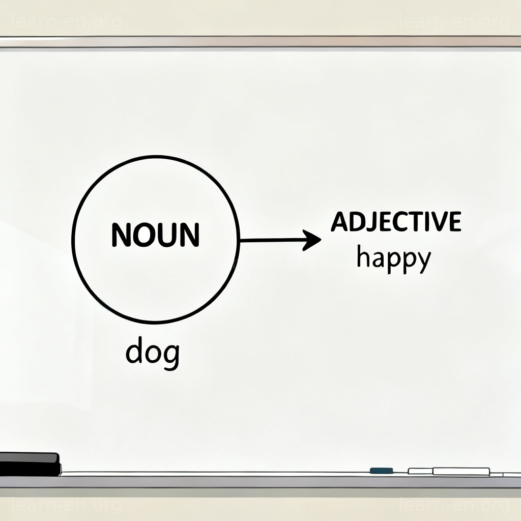 Diagram showing how an adjective modifies a noun in English grammar.