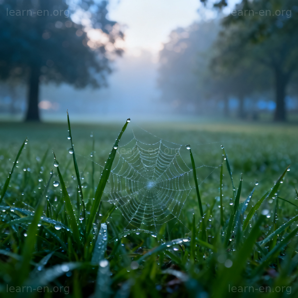 Moist morning air scene with dew on grass and mist in a park.