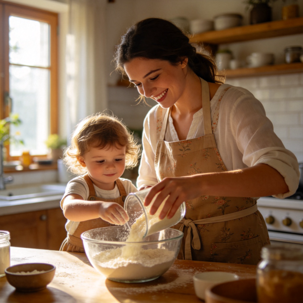 A warm, well-lit kitchen scene. A smiling woman with an apron (the mom) is helping a young child pour ingredients into a mixing bowl on the counter. They are both focused on the activity, showing a close and caring relationship. The mom is the clear central figure. Photorealistic style, soft natural light from a window. No text or logos.