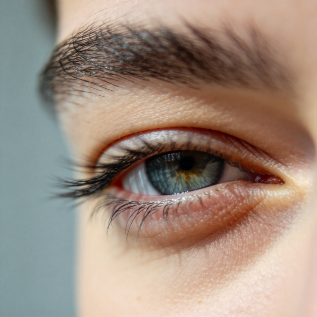 A close-up photo of a person's eye in the middle of a blink. The eyelashes are blurred from the quick motion, capturing the exact short duration of the action. Plain, soft-focus background. Natural lighting, sharp focus on the eye. No text.