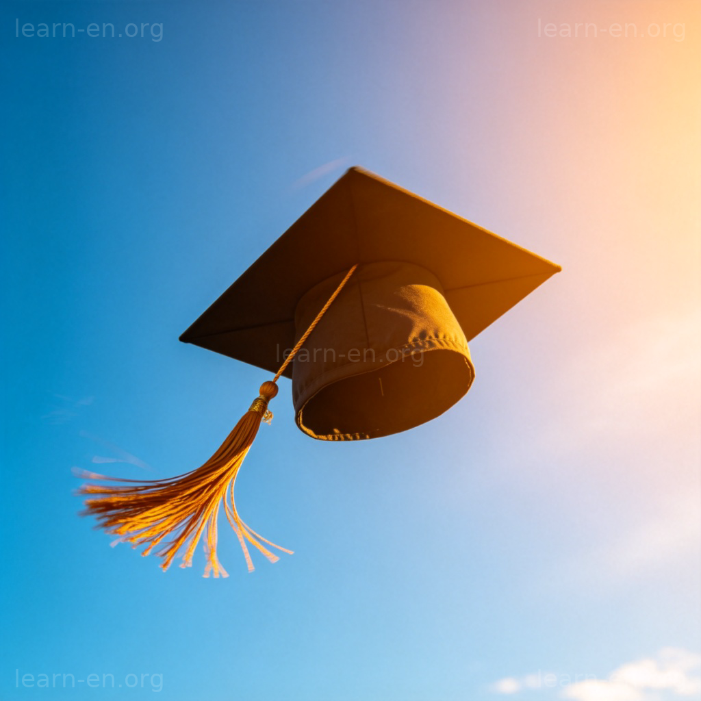 Moments as milestones: graduation cap thrown in the air against blue sky
