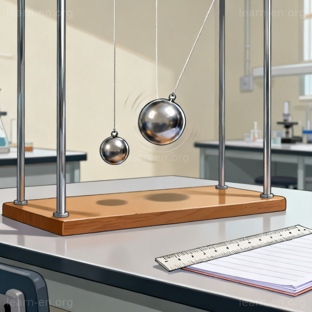 Physics momentum diagram showing transfer of motion between two swinging metal balls.