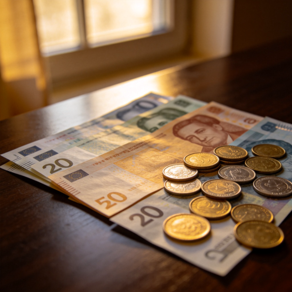 A close-up shot of various denominations of clean banknotes and shiny coins neatly arranged on a dark wooden table. The focus is on the texture of the paper money and the metallic luster of the coins. Natural light from a window illuminates the scene. No text, logos, or human hands in the frame.