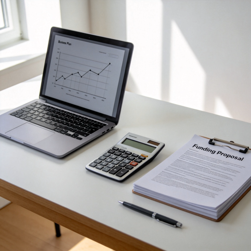 A clean, modern desk with a laptop open showing a simple business plan chart, next to a calculator and a neat stack of documents with a paperclip labeled 'Funding Proposal'. A pen lies beside it. Daylight fills the room. No text on screen.