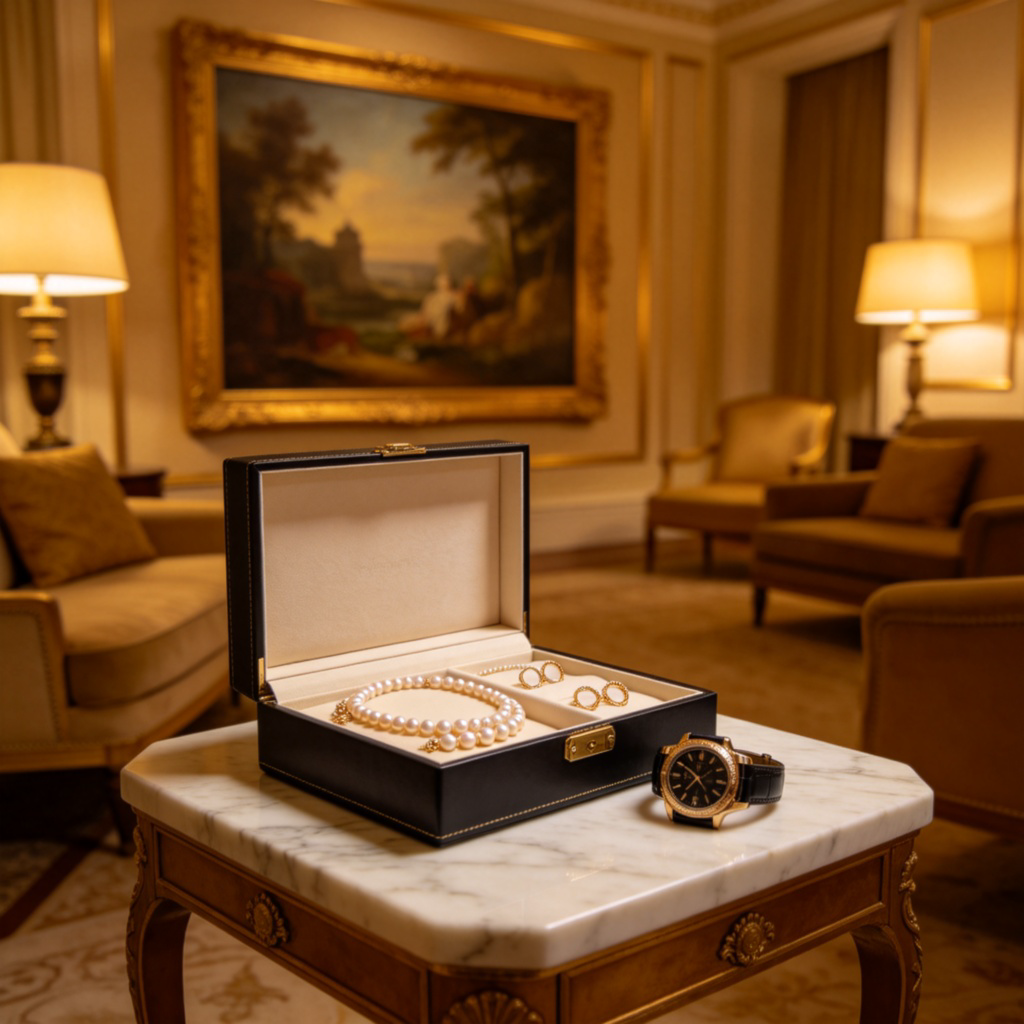 A sophisticated, well-decorated living room interior with a large painting on the wall and elegant furniture. On a small marble side table, there is an open jewelry box displaying pearl necklaces and rings, with a luxury watch placed beside it. Soft, warm lighting creates an affluent atmosphere. No people.