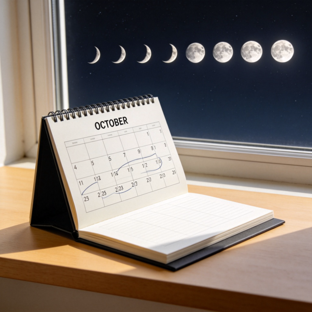 A simple, clean desk calendar lying open. The page clearly shows the word "OCTOBER" at the top. The grid of dates is visible, with some days casually circled or noted. In the background, out of a window, a subtle sequence of the moon's phases (new, crescent, full) is depicted in the night sky, linking the concept to its origin. Soft daylight on the calendar, realistic style. No text on the moon images.