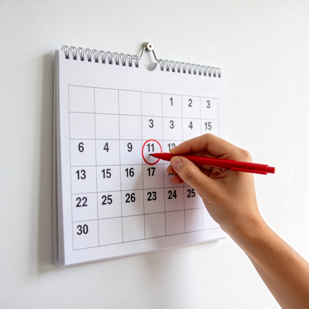 A close-up of a wall calendar hanging in a home or office. A person's hand is using a red pen to circle a specific date, such as the 1st or the 15th. Other days have no marks. Clean, well-lit background. No text in the image besides the generic numbers on the calendar.