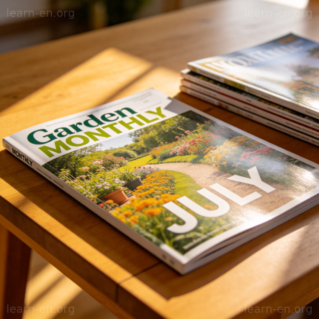 A single, glossy magazine lying flat on a wooden table. Its cover is bright and attractive, clearly displaying the word "MONTHLY" as part of its title (e.g., 'Garden MONTHLY') and a large issue month (e.g., 'JULY'). A few other magazines are neatly stacked beside it. Natural morning light. No other text or logos visible.