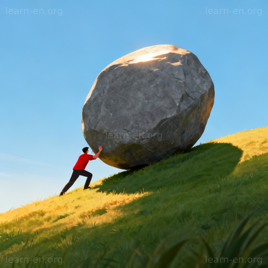 Monumental effort: person pushing a gigantic boulder up a hill
