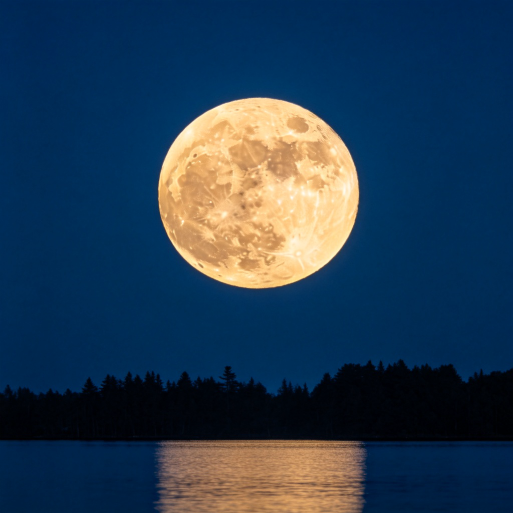 A clear night sky with a large, bright, and full moon shining alone. The moon shows its characteristic craters and plains (maria). Below, a simple silhouette of treetops or a calm lake reflects the moonlight. Realistic photography style, deep blue night sky, sharp focus on the moon. No text.