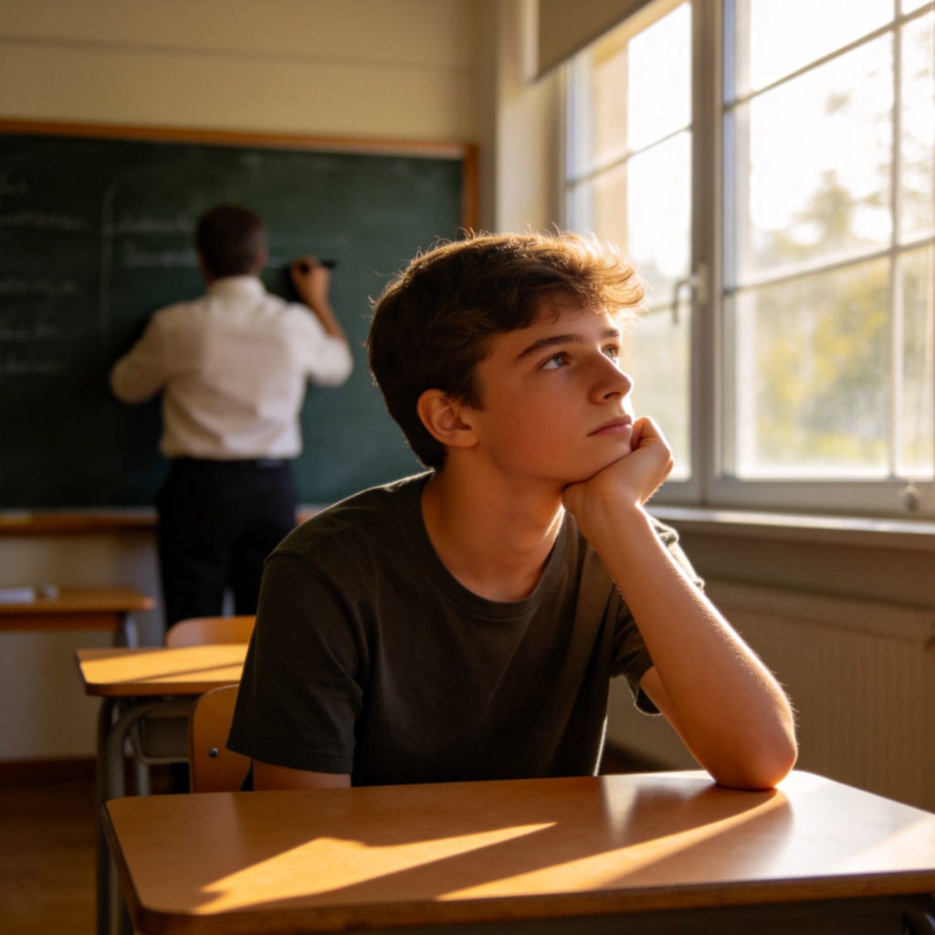 A student sitting at a classroom desk, chin resting in hand, gazing blankly out a sunlit window while the teacher writes on a blackboard in the slightly blurred background. The student's expression is distant and unfocused. Realistic style, natural lighting, emphasis on the student's thoughtful pose and distant gaze. No text.