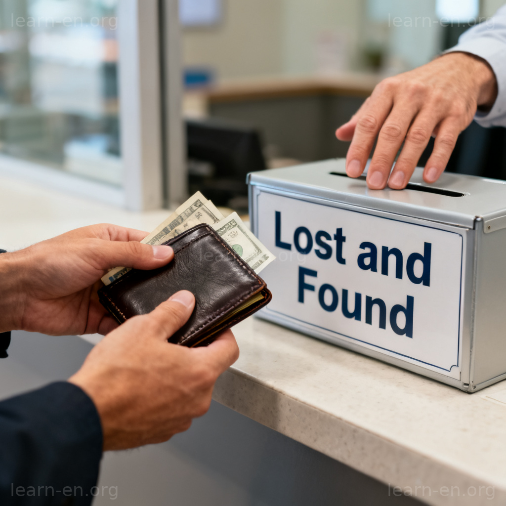 Morality shown through honest action, a person returning a lost wallet to a lost and found box.
