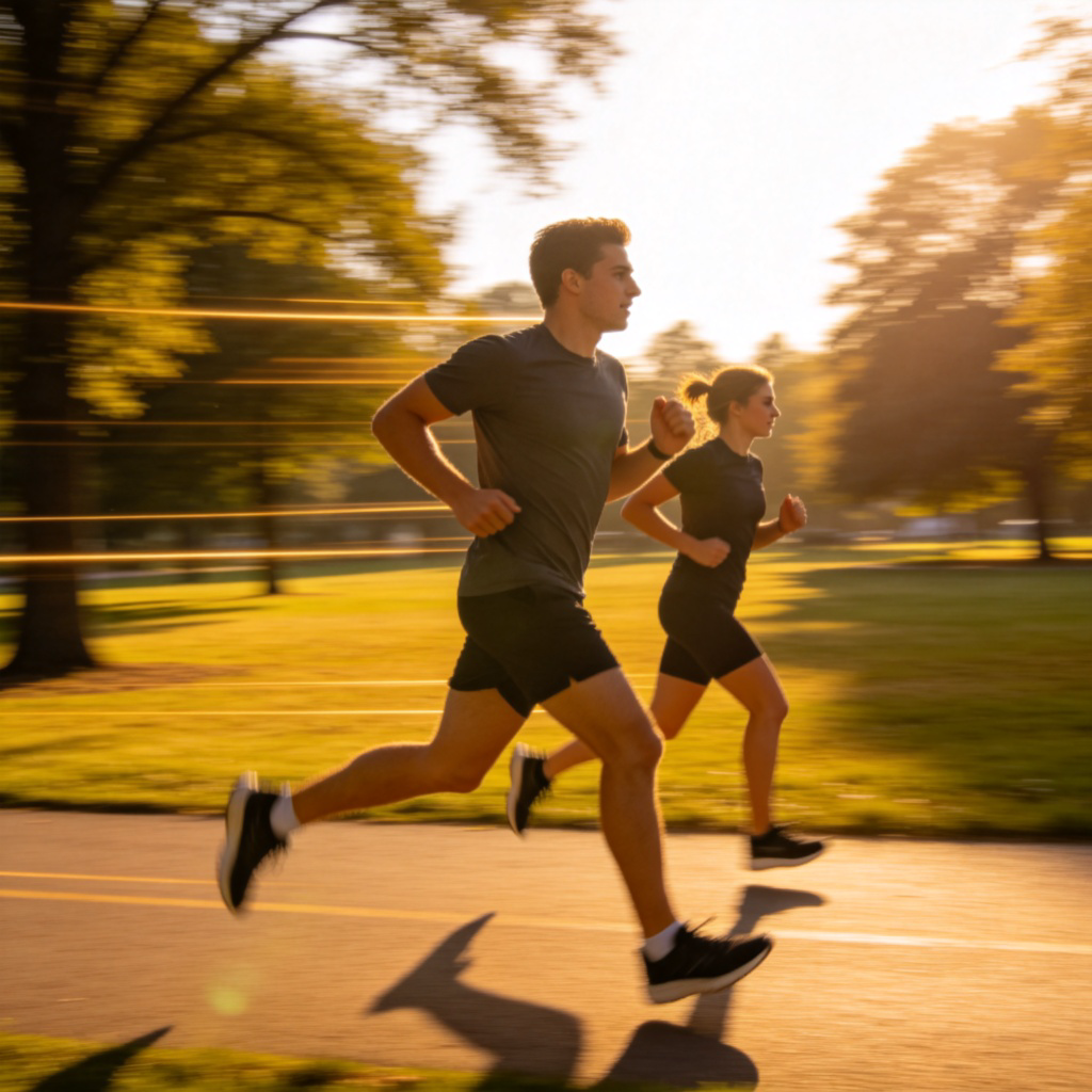 Two people running on a sunny park path, one person is significantly ahead and moving faster, showing a clear difference in speed. Side view, dynamic motion, emphasis on the领先 runner's effort. Simple background with trees, no text.