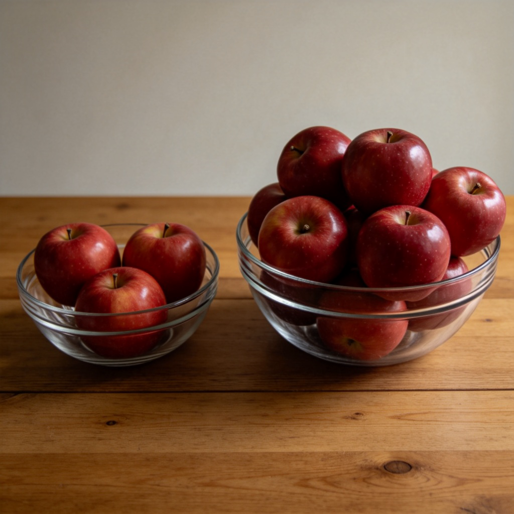 A wooden table with two clear glass bowls side by side, one bowl contains three red apples, the other bowl is overflowing with many more red apples, highlighting the contrast in quantity. Top-down view, soft lighting, plain background, no text.