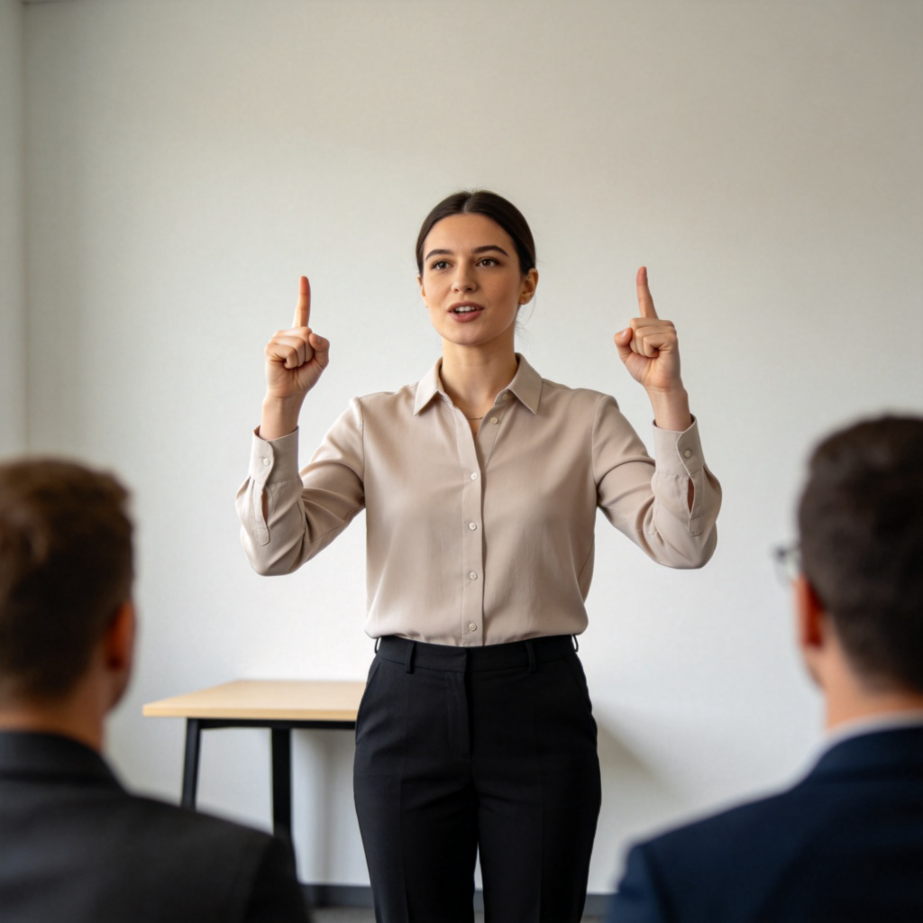 A confident person giving a presentation, holding up one finger as they state their first point, then raising a second finger with a stronger, more emphatic gesture while saying the next point. The background is a simple meeting room. Clear, realistic style, focusing on the speaker's expressive hand gestures and confident posture. No text.