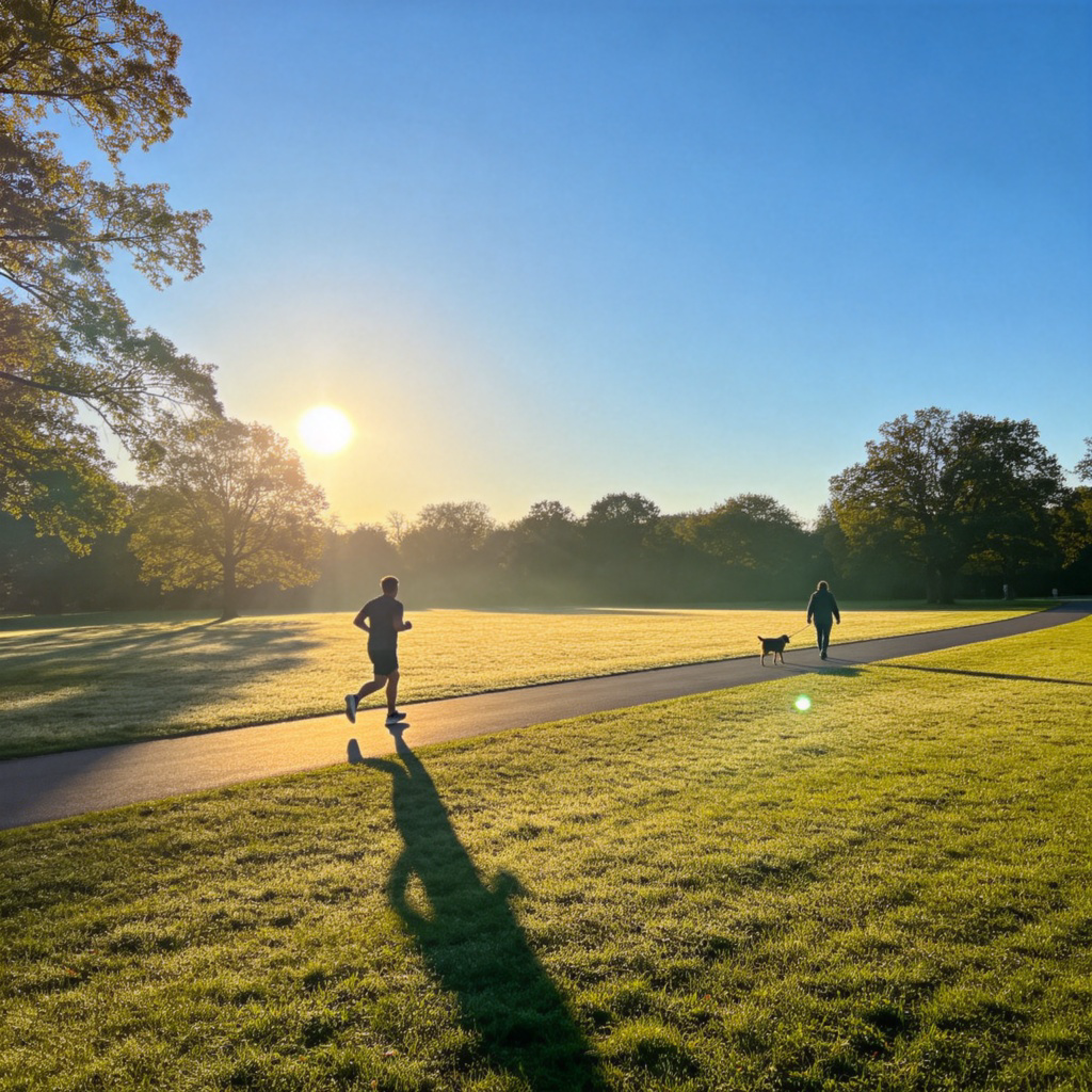 A bright and peaceful park scene in the early hours. The sun is low in the sky, casting long shadows. A person is jogging on a path, and another person is walking their dog on the grass. The overall feeling is calm and fresh, with a clear blue sky. No text.