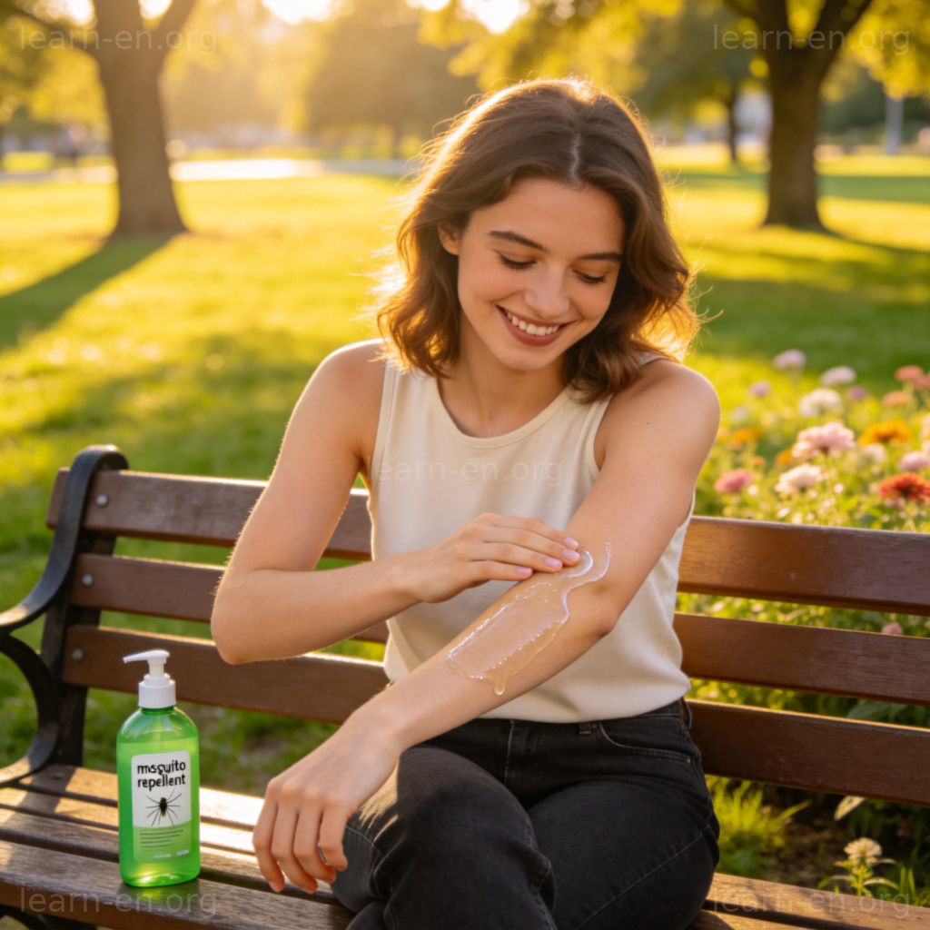驱蚊乳液使用场景图解：人物在公园涂抹乳液防蚊